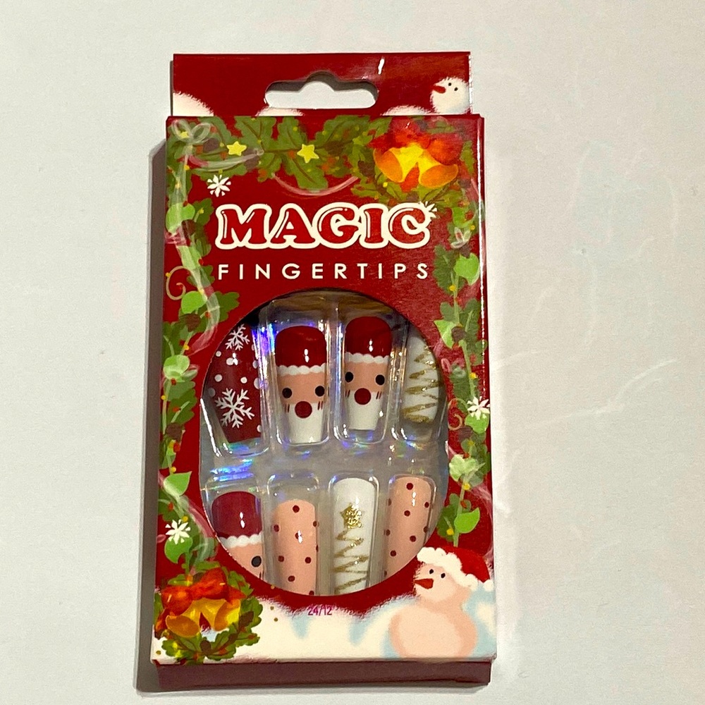 Magic Fingertips Press On Nails Christmas Santa Red White Gold Coffin Style